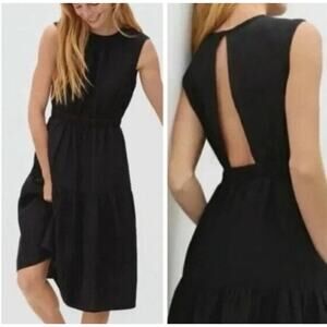 Madewell Womens 100% Linen Dress Sundress Sz 2 Black Tiered Open Back Lined Midi